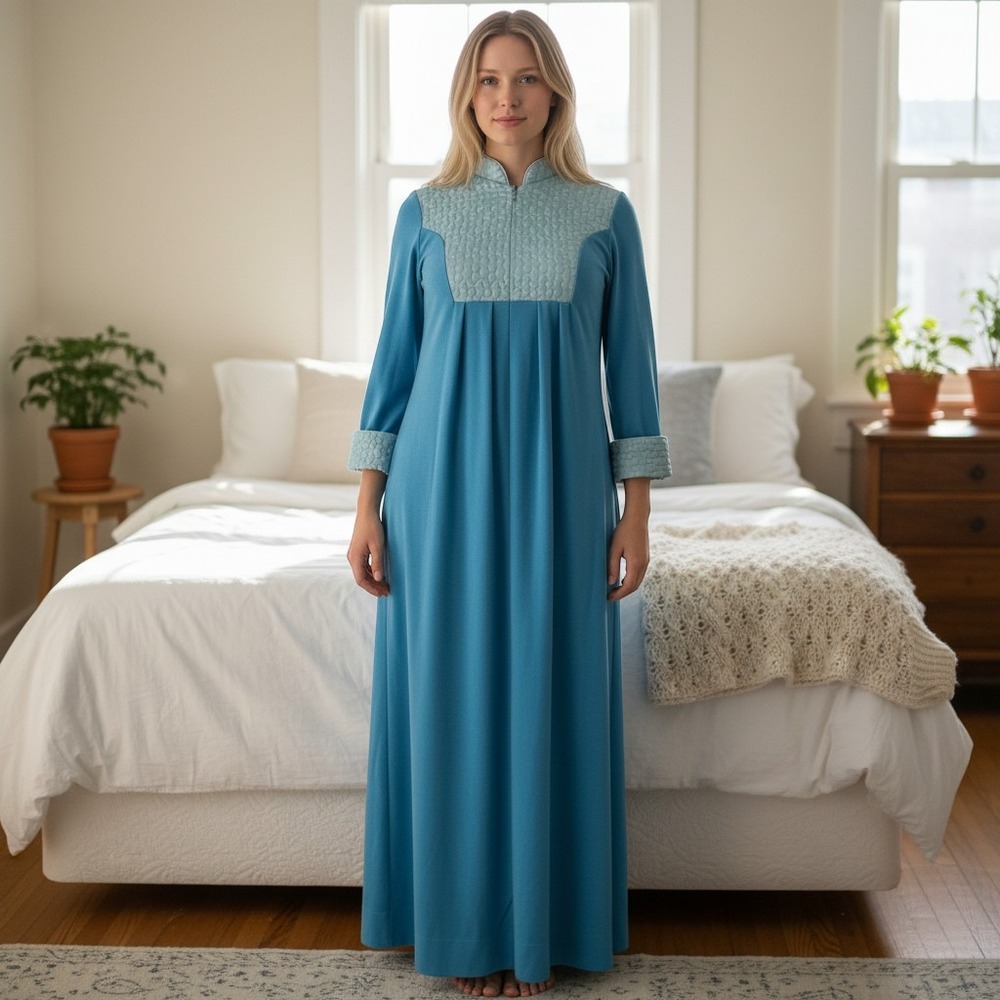 Sears Best Robe Womens M Blue Quilted Yoke Zip Front Vintage Lounge Housecoat